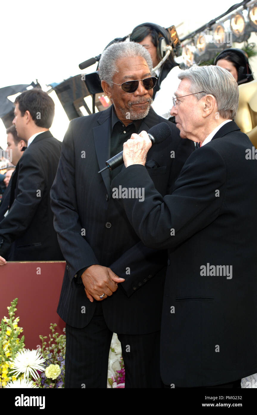 The Academy of Motion Picture Arts and Sciences Presents Army Archerd interviews Best Supporting Actor Academy Award nominee Morgan Freeman before the 77th Annual Academy Awards at the Kodak Theatre in Hollywood, CA on Sunday, February 27, 2005.  File Reference # 29997 080  For Editorial Use Only -  All Rights Reserved Stock Photo