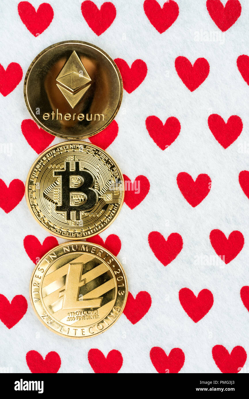 Gold physical Bitcoin, Litecoin and Ethereum coins on red heart background.  Crypto currency market love abstract concept. Copy space on the right. Fla  Stock Photo - Alamy