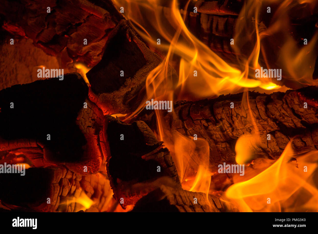 Burning firewood and charcoal in the fireplace Stock Photo