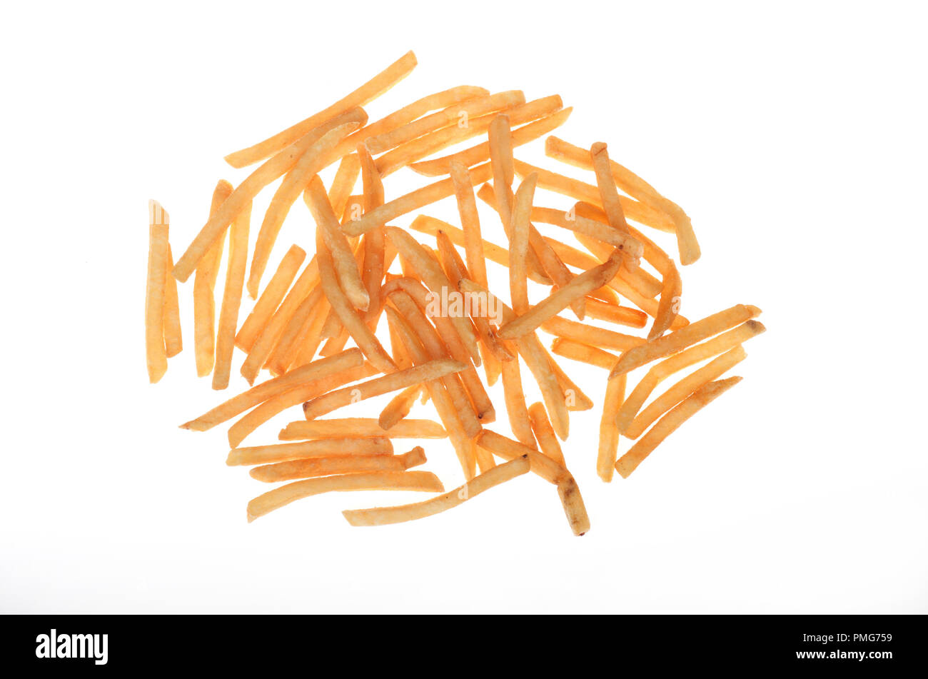 Pile of French fries or chips on white background Stock Photo
