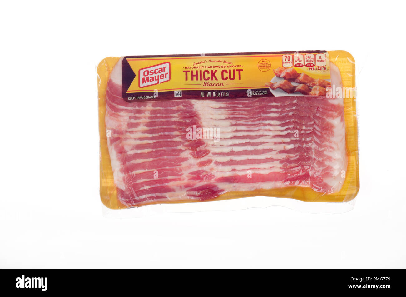 Package of Oscar Mayer thick cut bacon strips on white background Stock Photo