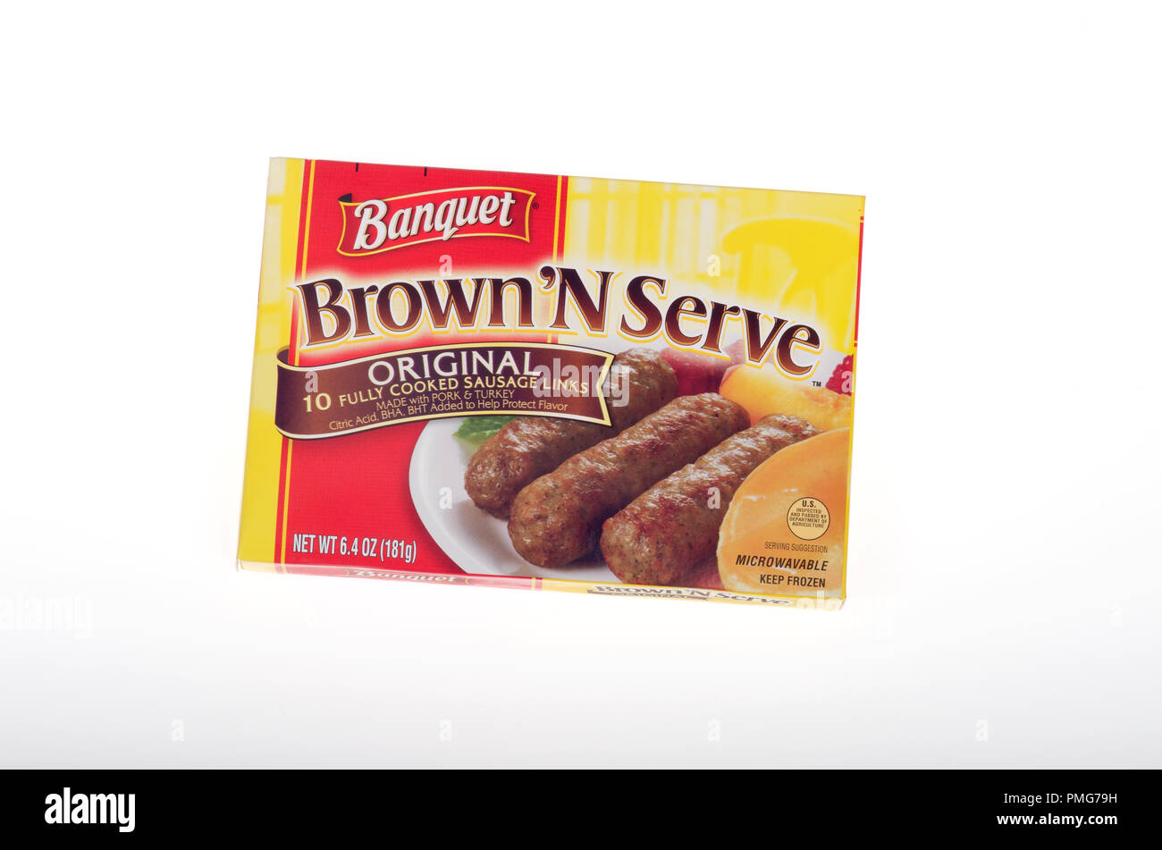 Box of frozen Banquet brand brown and serve breakfast sausages by ConAgra Stock Photo