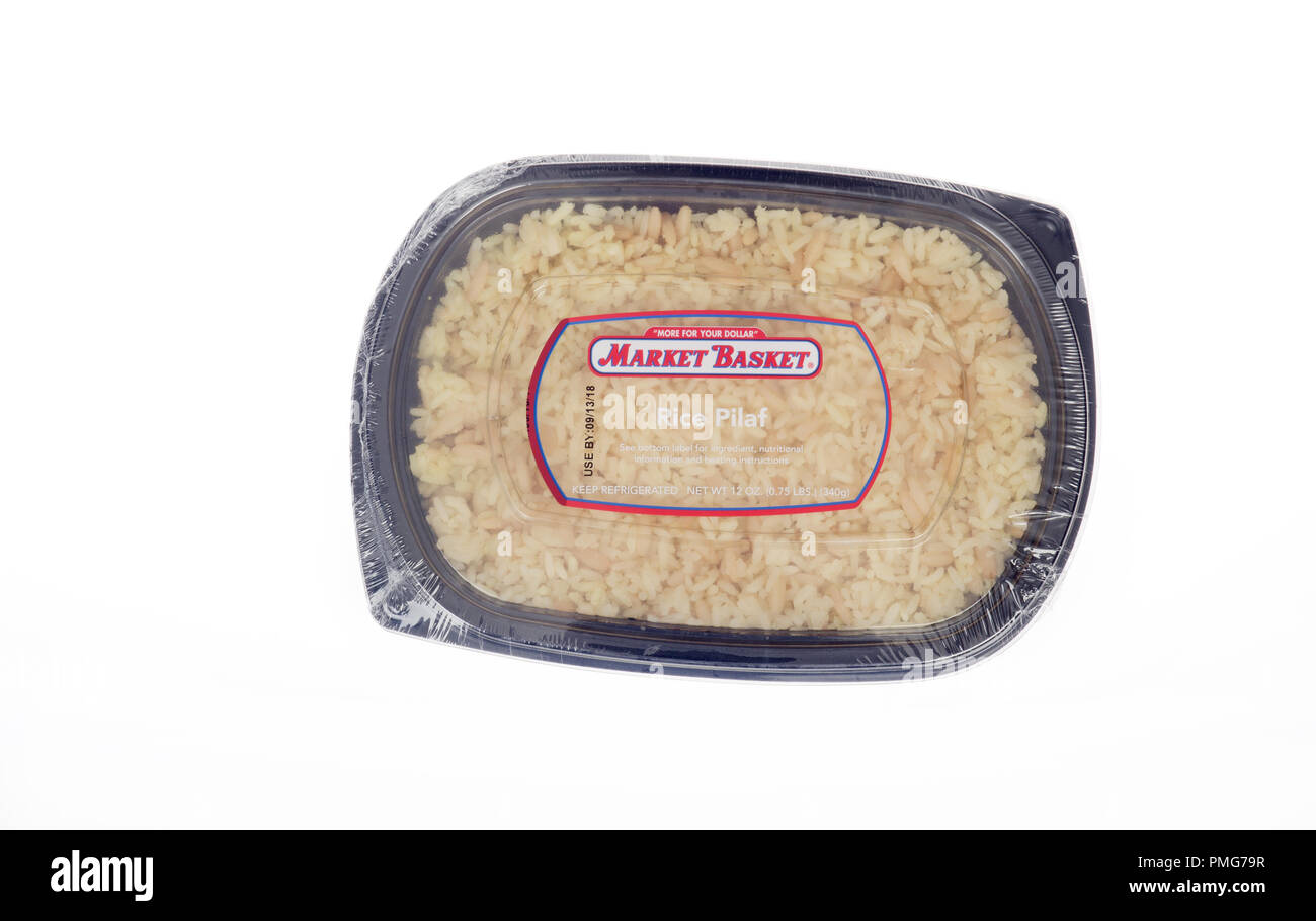 Takeaway container of prepared rice pilaf from the food store Market Basket in Massachusetts USA Stock Photo