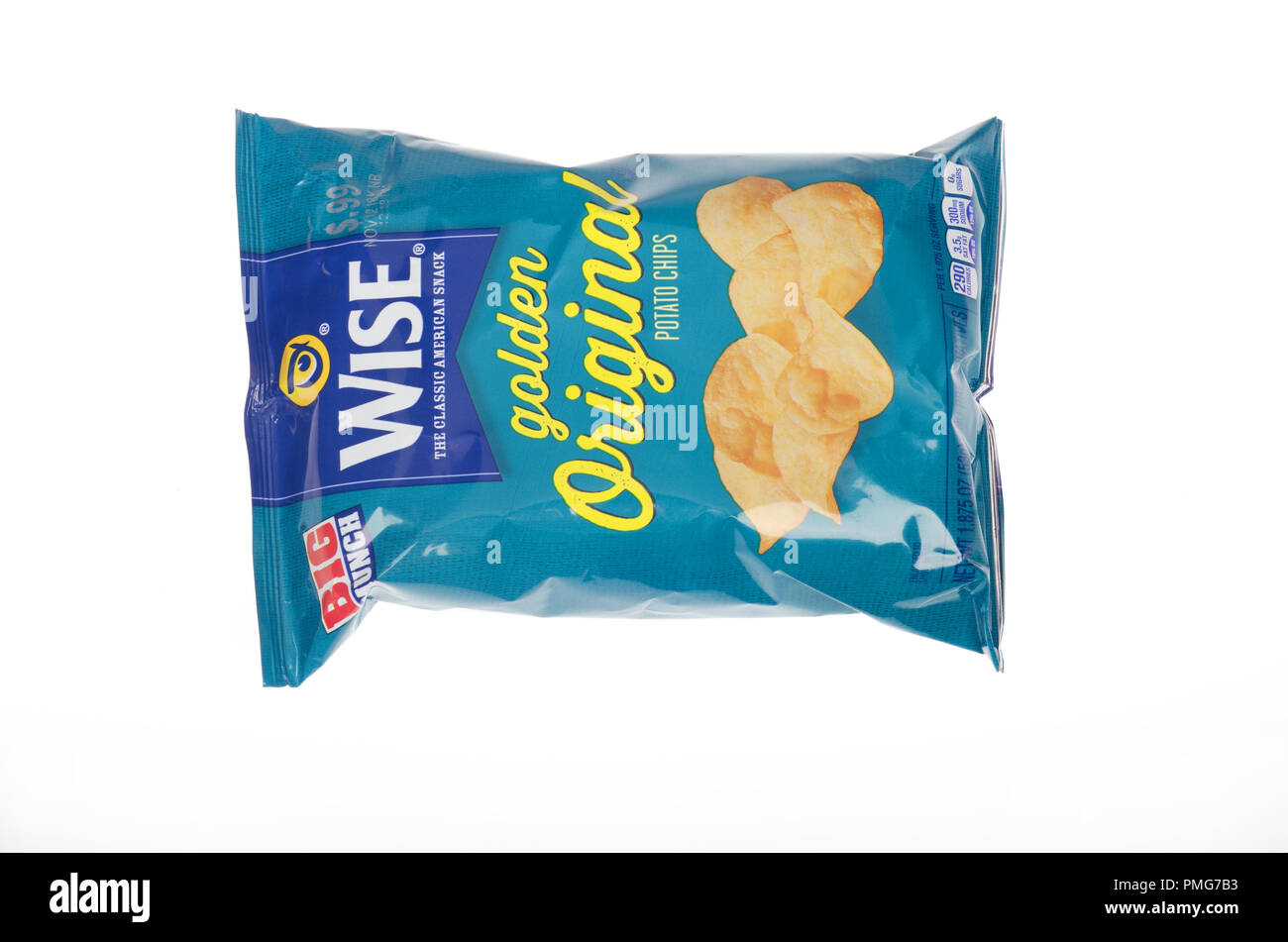 Bag or packet of Wise Golden Original potato chips or crisps on white background Stock Photo