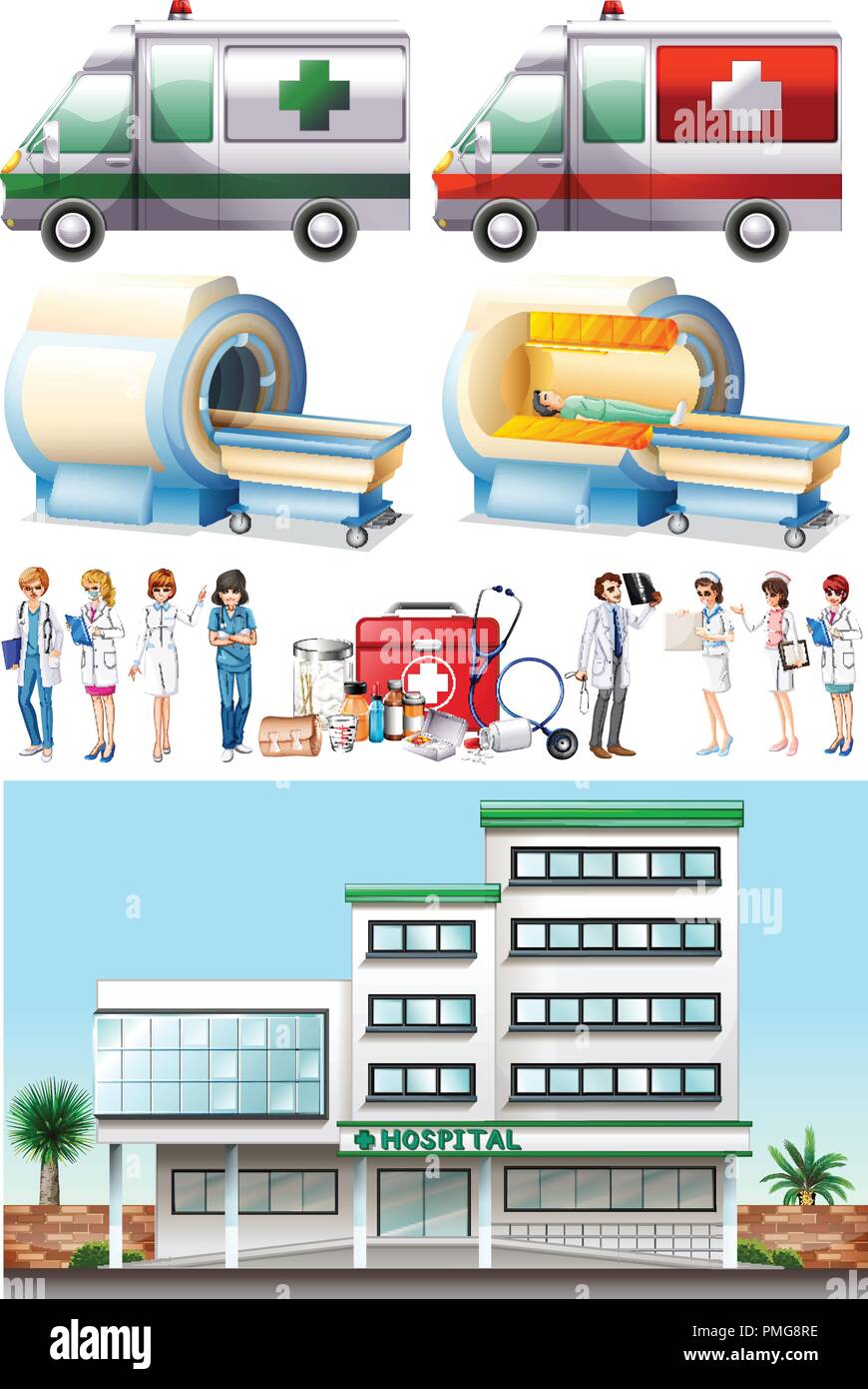Hospital and medical elements illustration Stock Vector