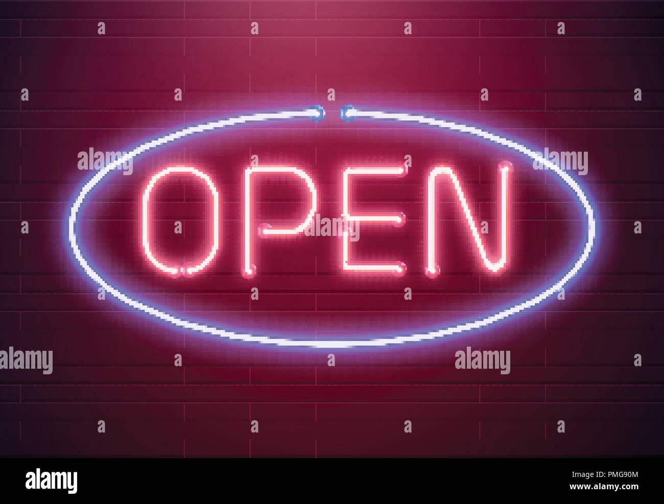Bar open light Neon Sign. Night store red glowing letters . Open 24 hours sign Stock Vector