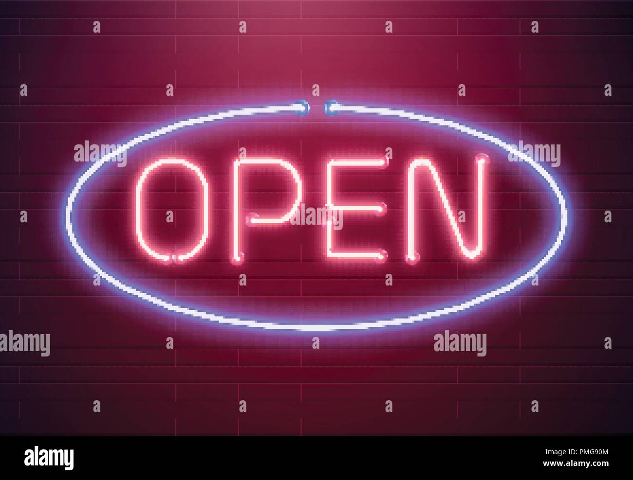 Bar open light Neon Sign. Night store red glowing letters . Open 24