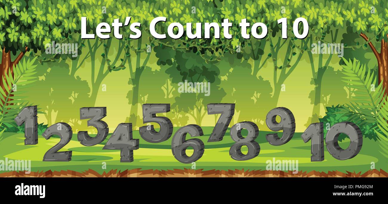 lets count to 10 jungle scene illustration Stock Vector