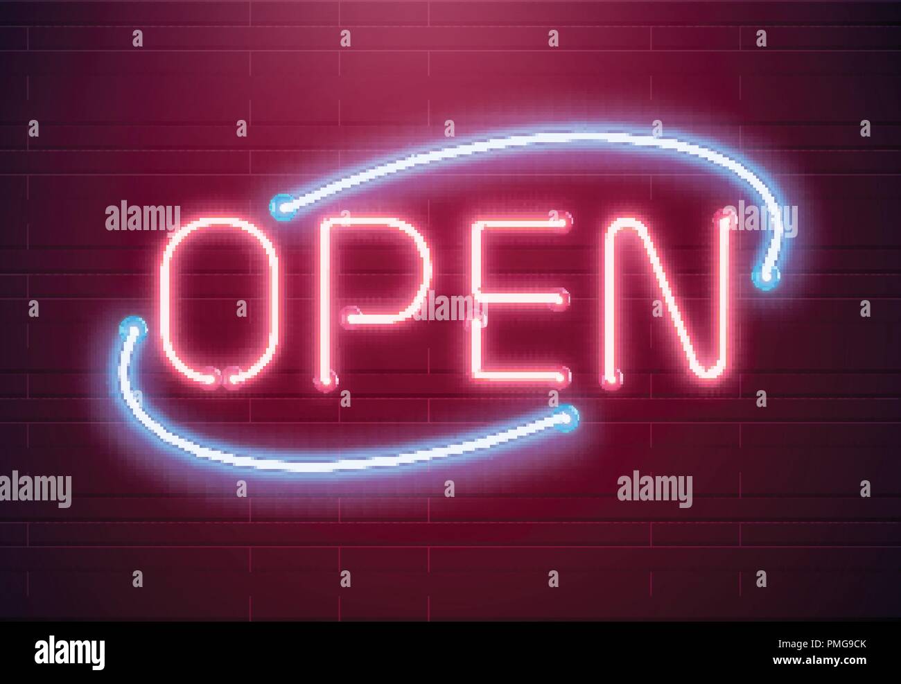 Bar open light Neon Sign. Night store red glowing letters . Open 24 hours sign Stock Vector