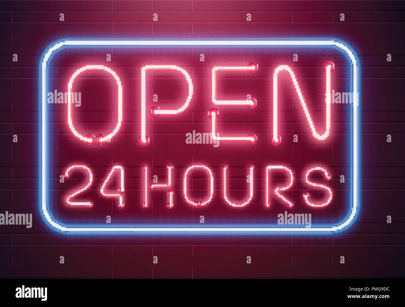 Bar open light Neon Sign. Night store red glowing letters . Open 24