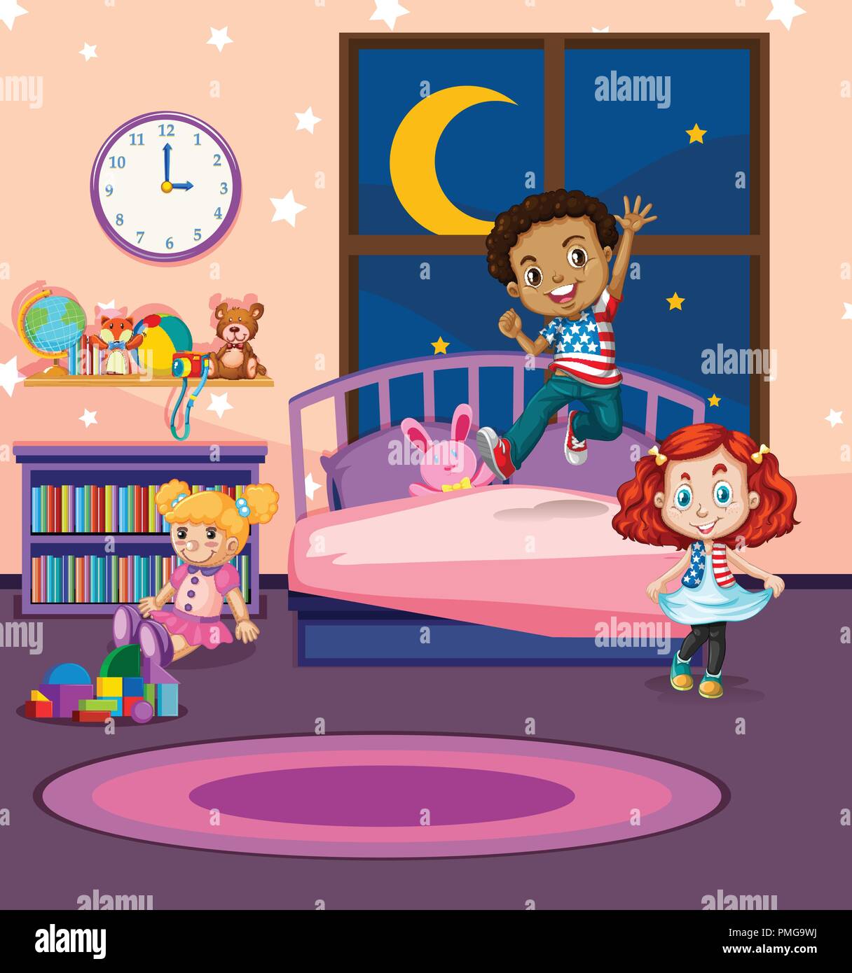 Children jumping on bed illustration Stock Vector Image & Art Alamy
