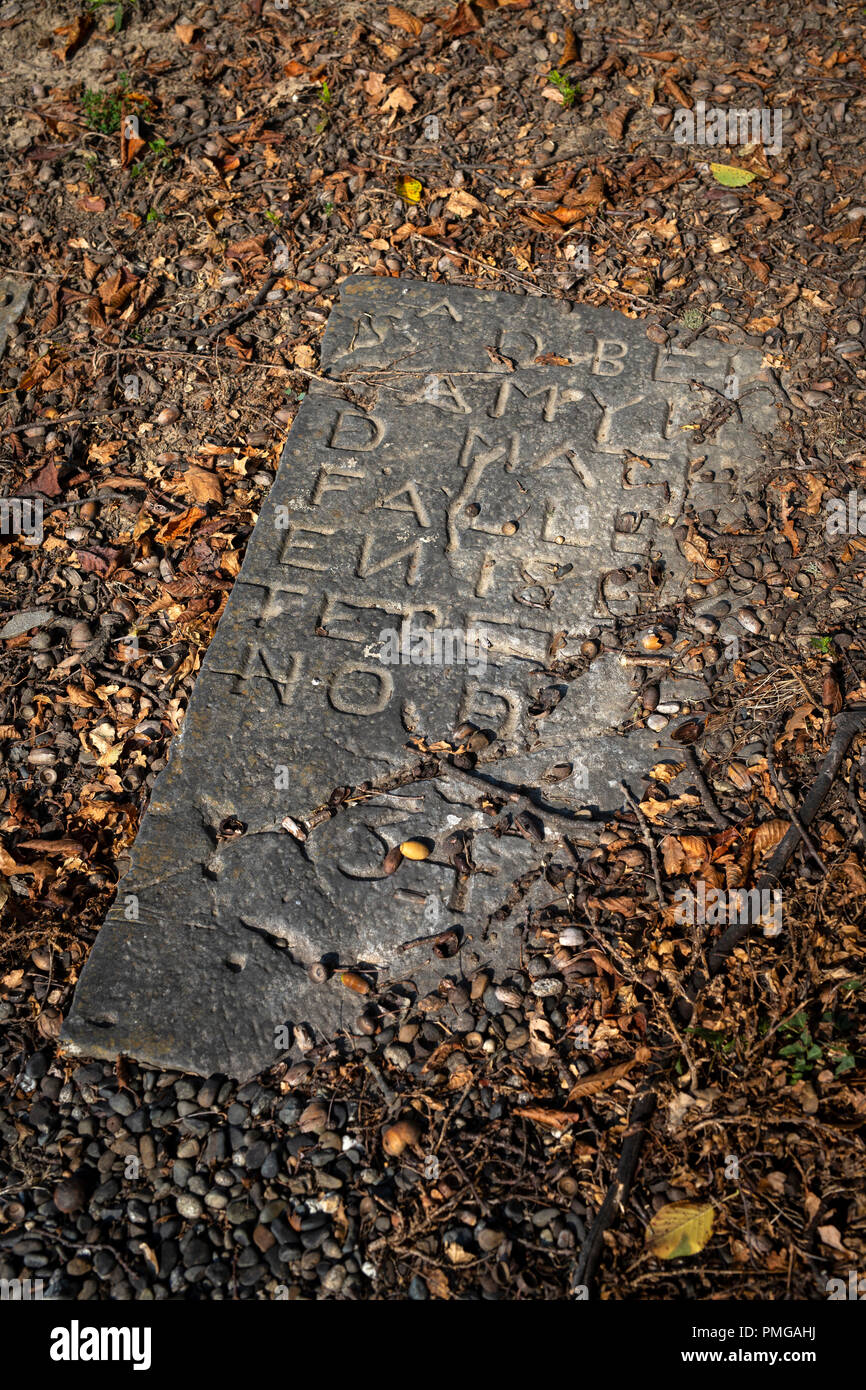 An ancient gravestone of the Bayonne Jewish cemetery (Atlantic Pyrenees). It is considered to be the oldest and the biggest Jewish cemetery in France. Stock Photo
