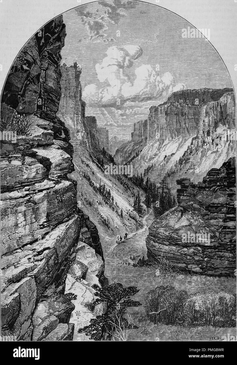 Engraving of the William's Canyon, Colorado Springs, from the book 'The Pacific tourist', 1877. Courtesy Internet Archive. () Stock Photo