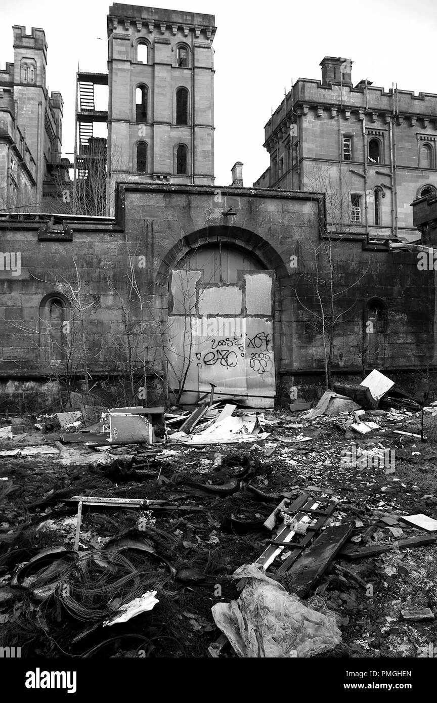 EAST DUNBARTONSHIRE, SCOTLAND - FEBRUARY 12th 2011: Lennox Castle surrounded by rubbish. The castle was old maternity and psychiatric hospital. Stock Photo