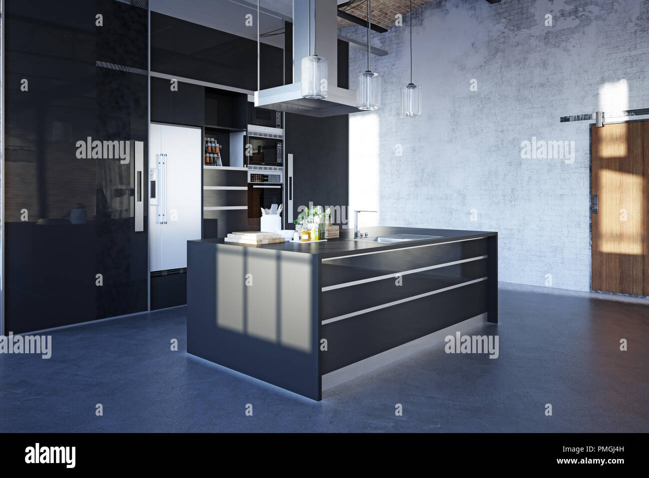 modern loft kitchen interior. 3d rendering design project Stock Photo ...