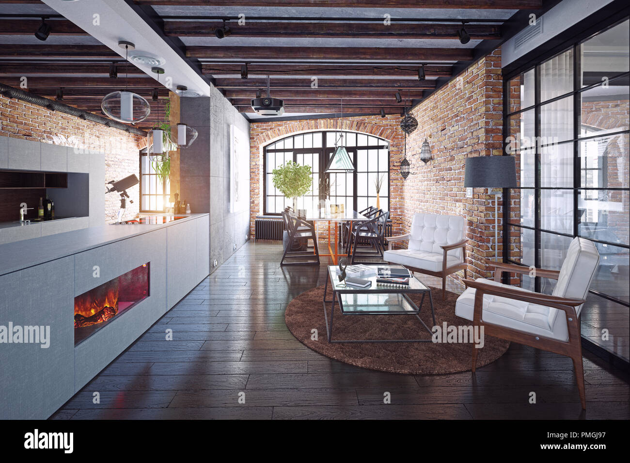 modern loft kitchen interior. 3d rendering design concept Stock Photo ...