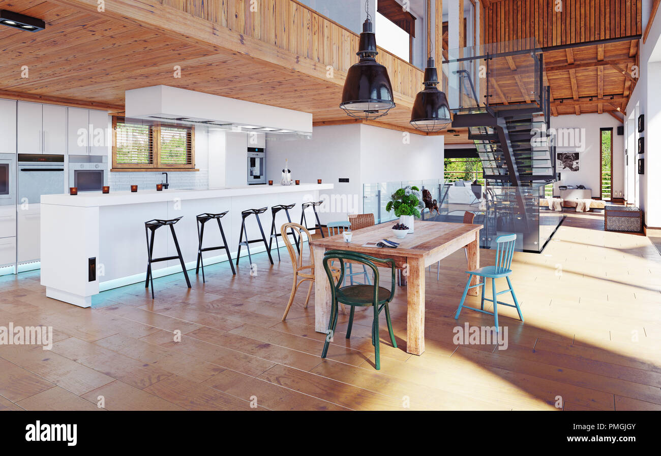 modern chalet interior. 3d design rendering concept Stock Photo - Alamy