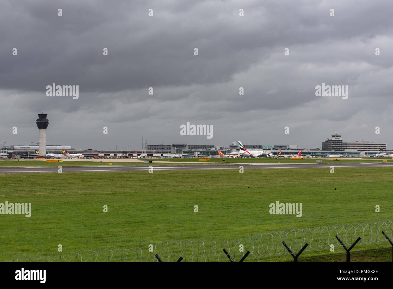 Manchester airport england flying departures arrivals airliners tower