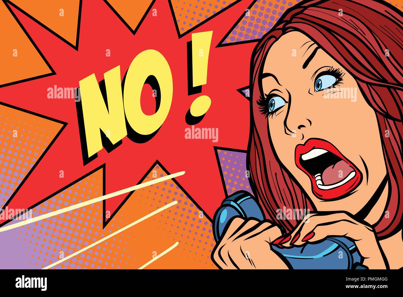 no negation. Woman screams in phone Stock Vector
