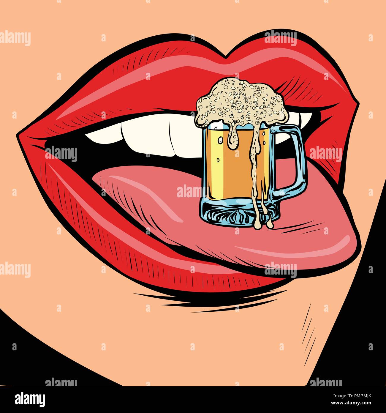 beer mug foam female tongue mouth Stock Vector