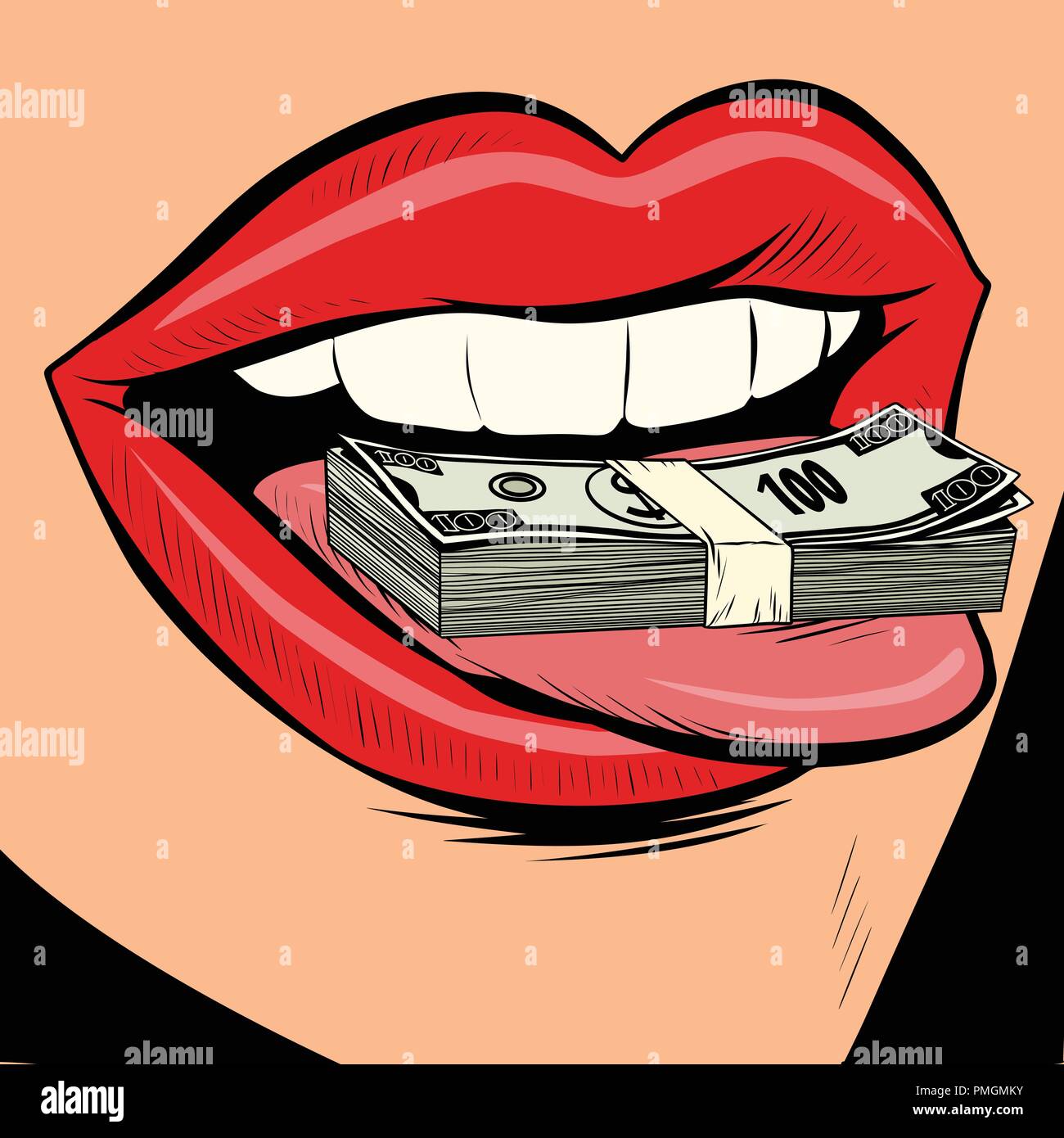 money dollars female tongue mouth Stock Vector