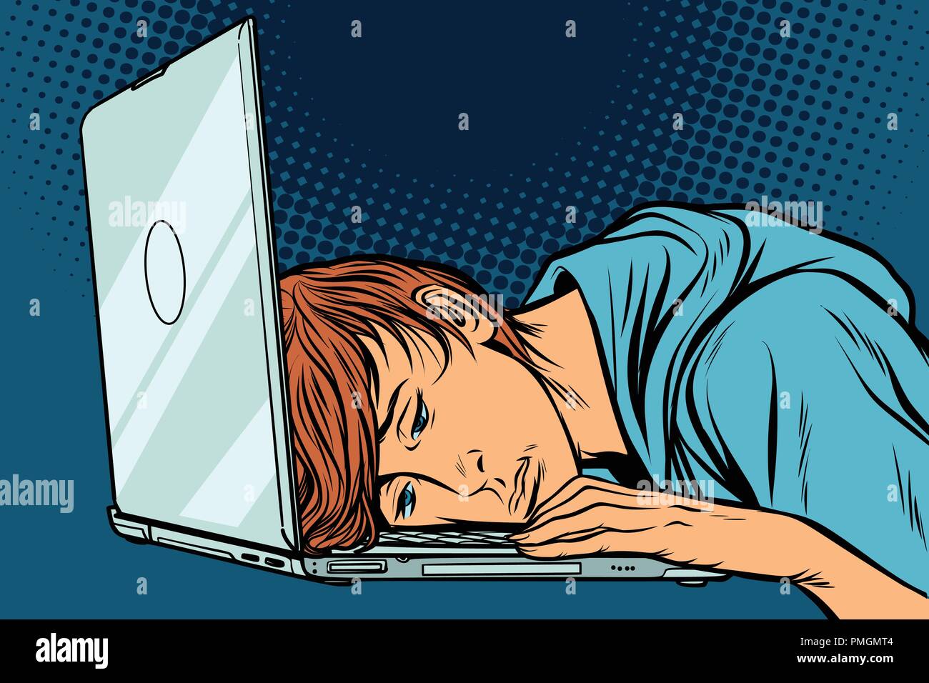 tired man at the computer Stock Vector