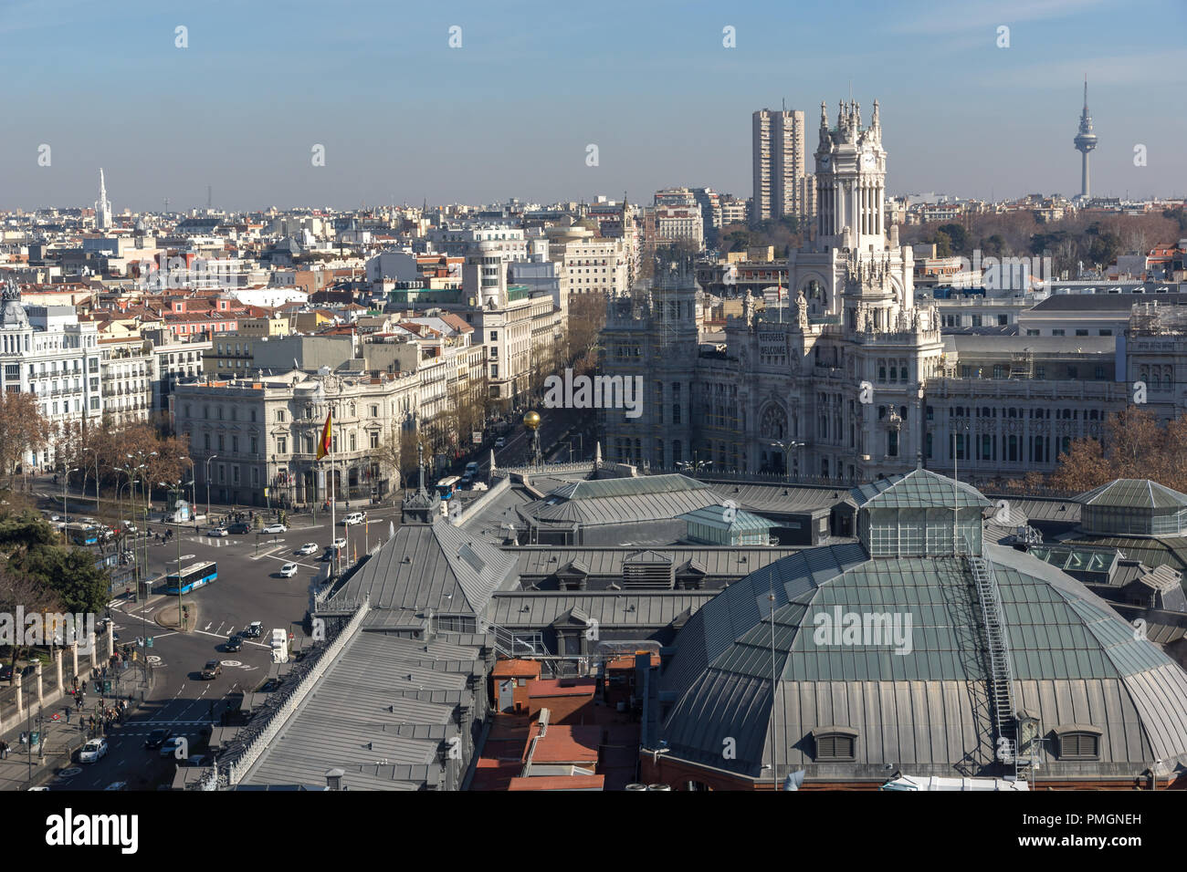 MADRID, SPAIN - JANUARY 24, 2018:  Panoramic view of city of Madrid from Circulo de Bellas Artes, Spain Stock Photo