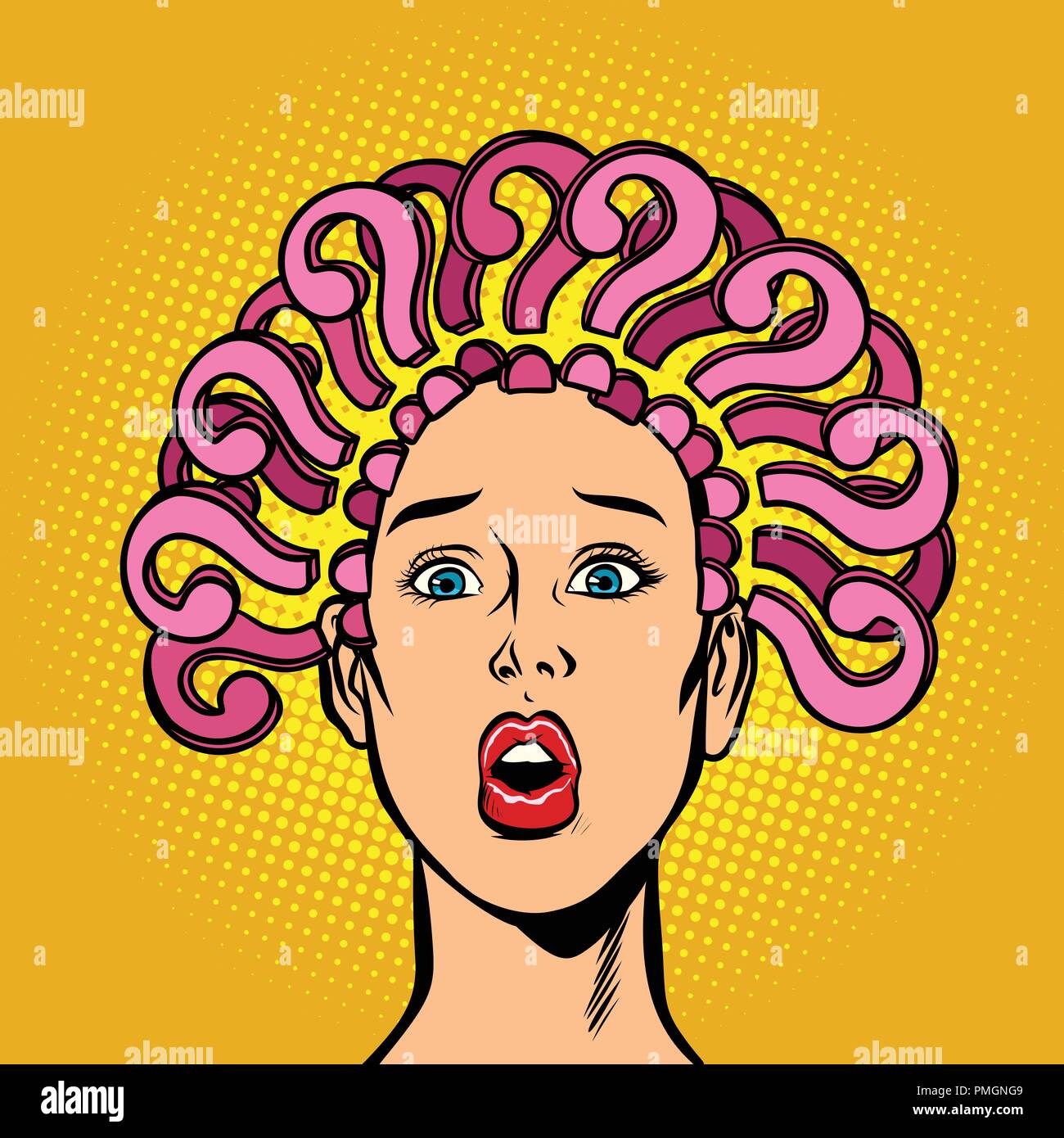 question mark, hair on the head, surprised woman Stock Vector