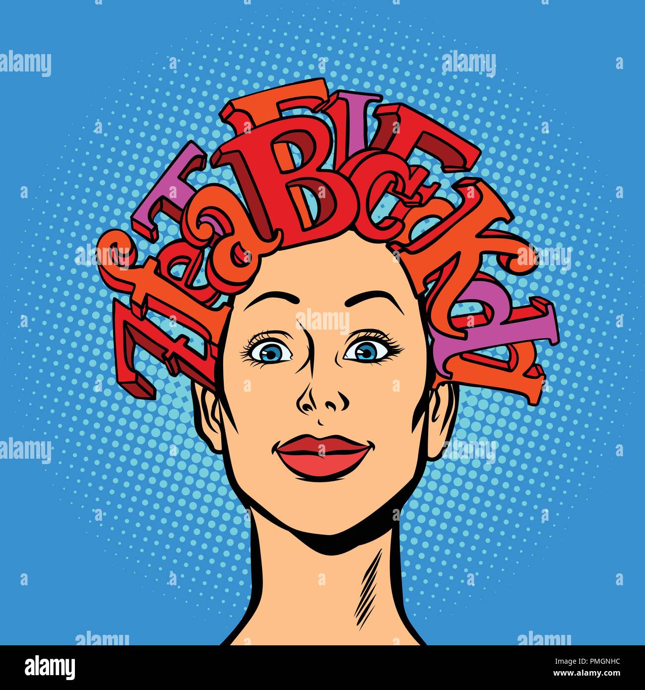 woman and alphabet letters, hair on head, knowledge concept Stock Vector