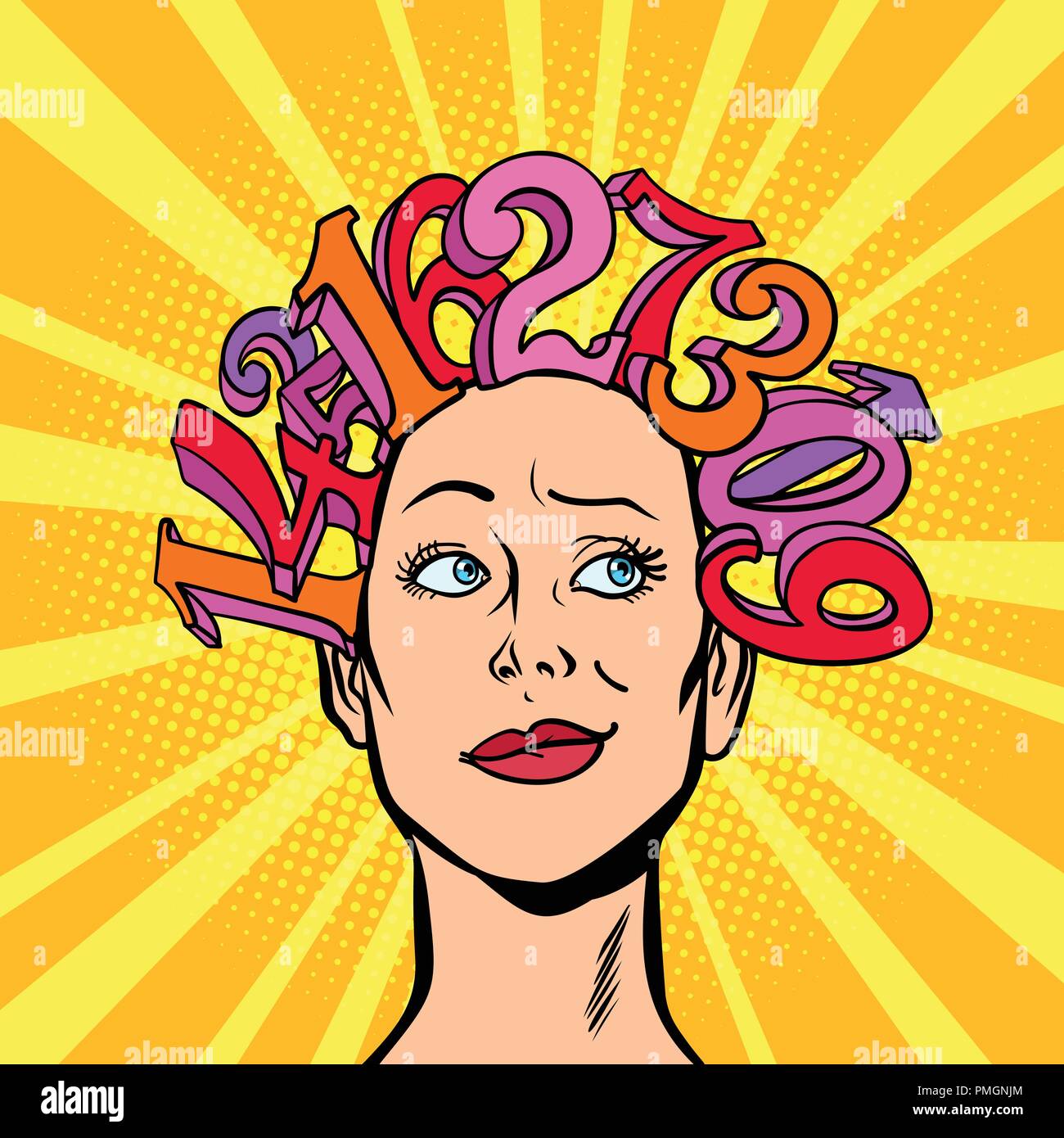 numbers, hair on head, the woman and mathematics conceptual Stock Vector