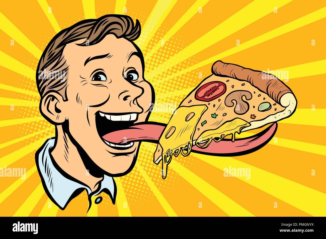 man with pizza on long tongue Stock Vector
