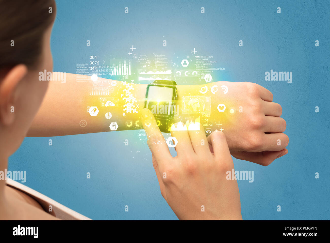 Hand with smartwatch and health medical tracker concept Stock Photo - Alamy