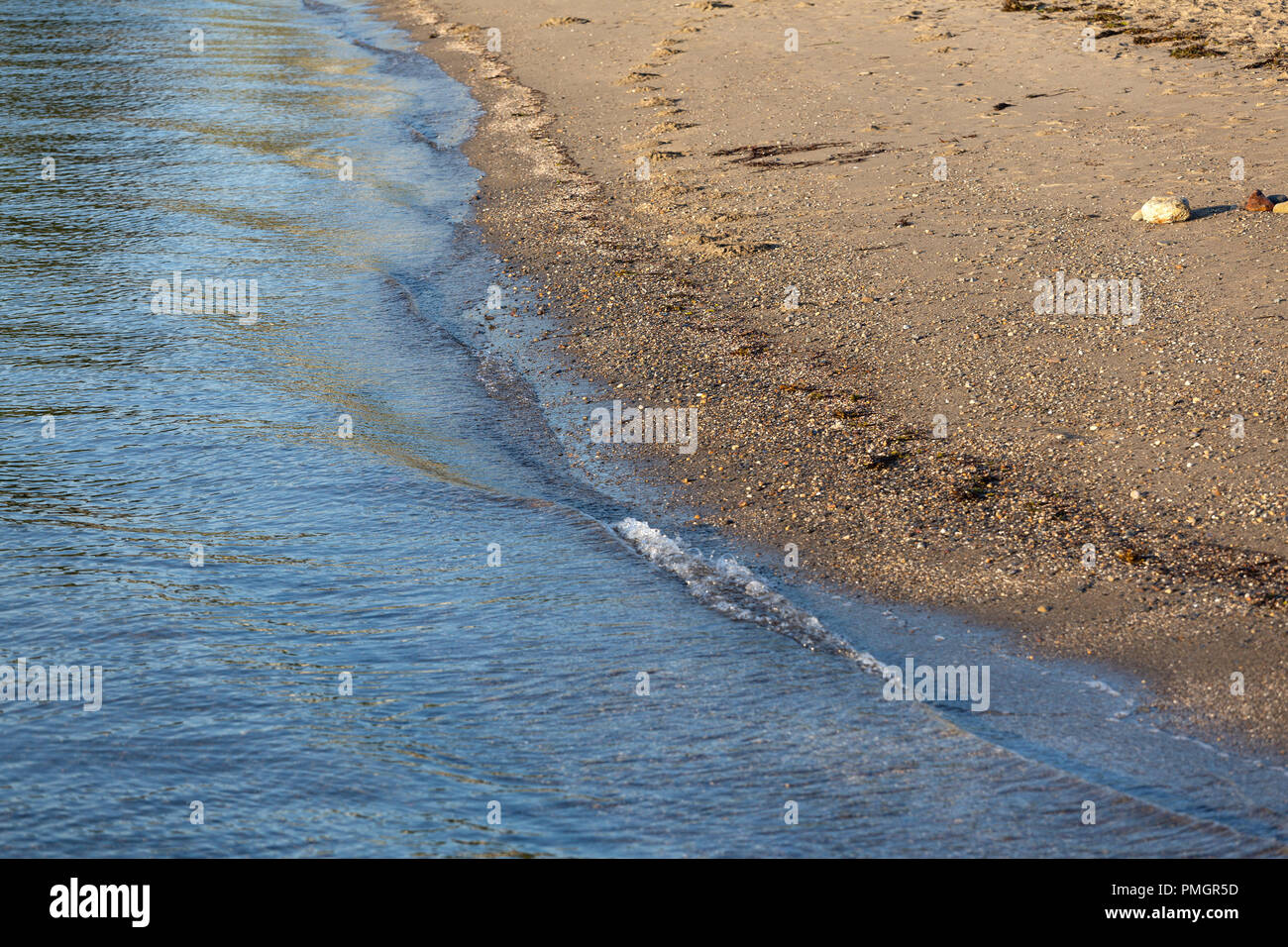 Gentle waves of Penobscot Bay lapping the beach in Maine in the