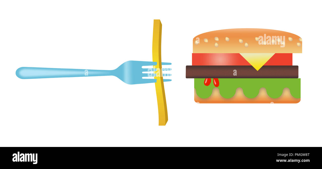 Here is a stylized image of a hamburger and french fries isolated on a white background. Stock Photo