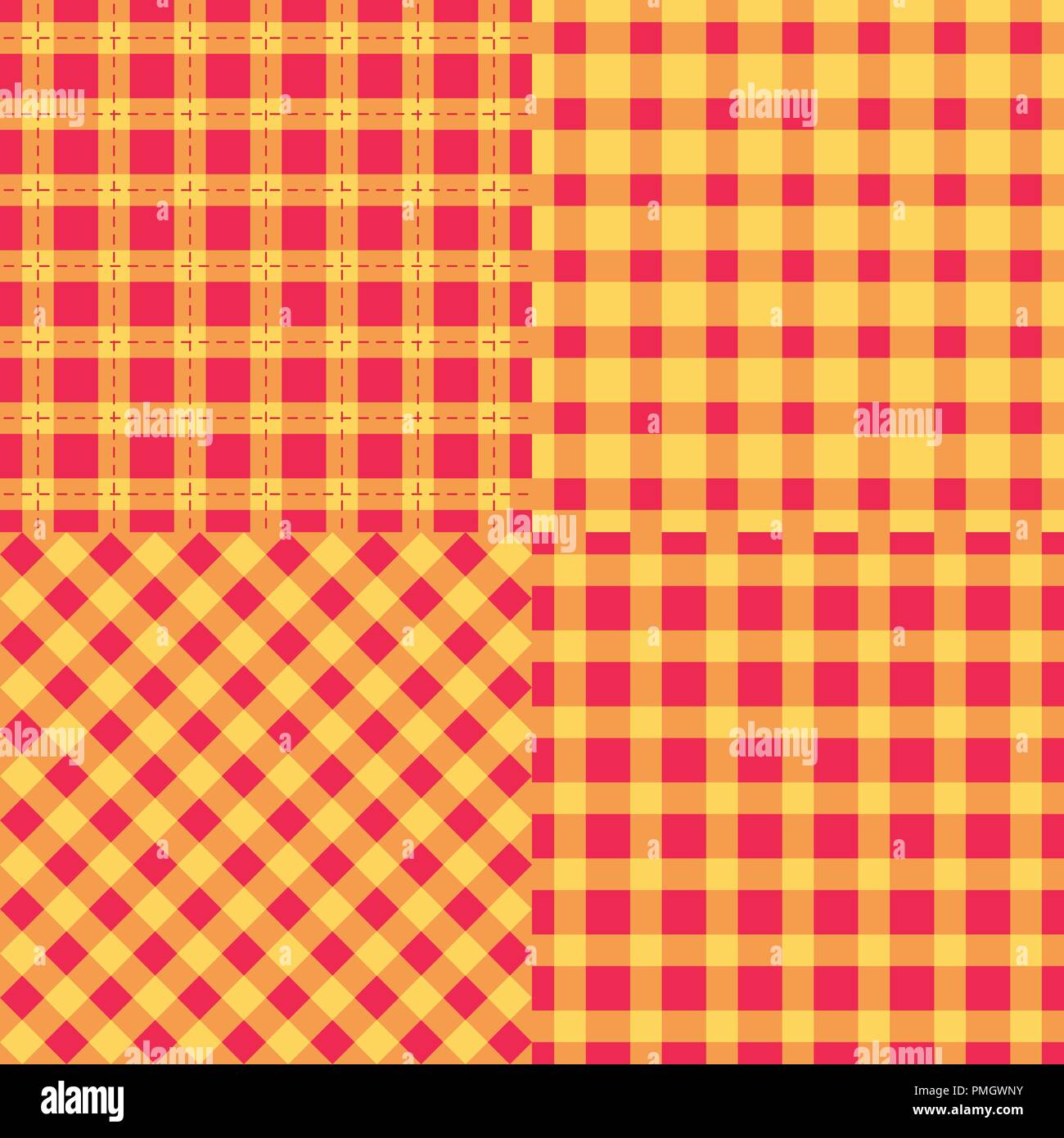 Set Seamless pattern check plaid fabric texture. Red with orange color Vector illustration. Stock Vector