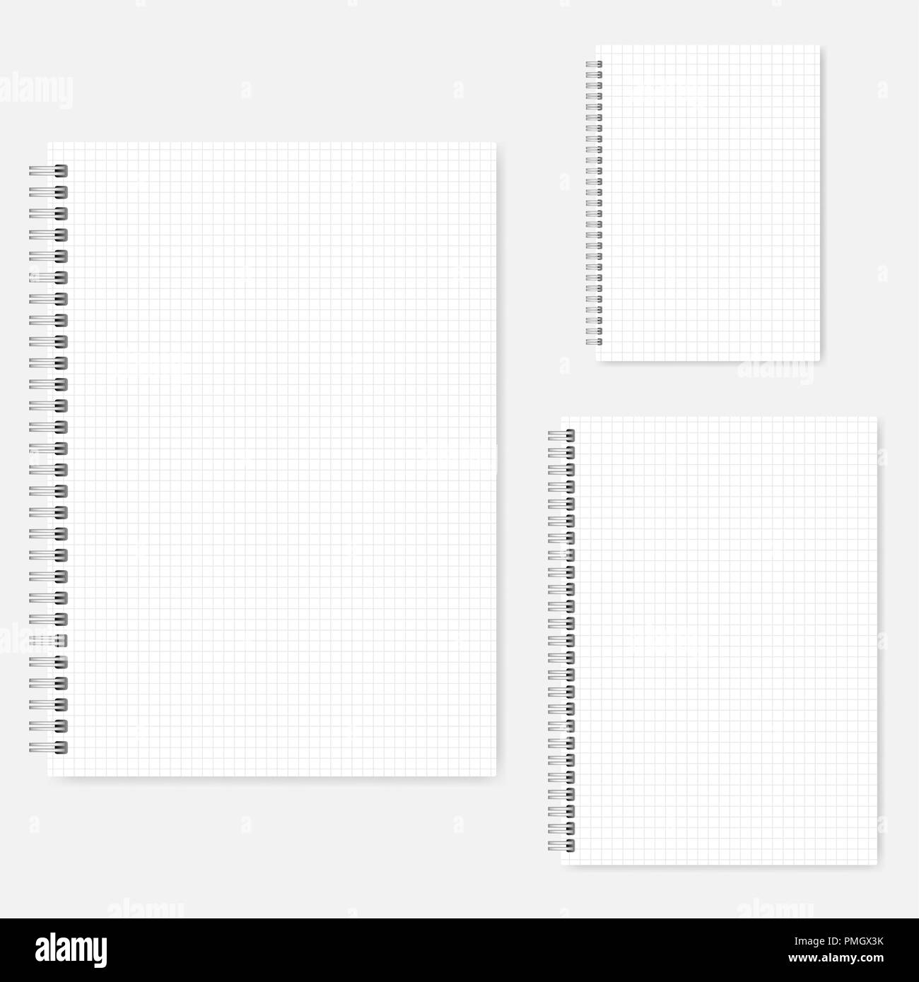 Set of wire bound graph paper notebooks, vector mock-up. A4, A5, A6 size. Spiral notepads, template Stock Vector