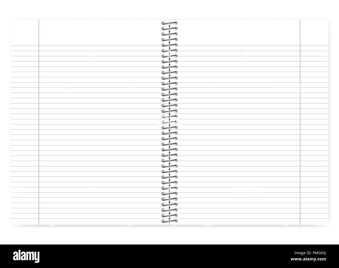 Open lined wire bound notebook, vector mockup. Metal spiral binding exercise book with margin, mock up. Notepad spread template Stock Vector