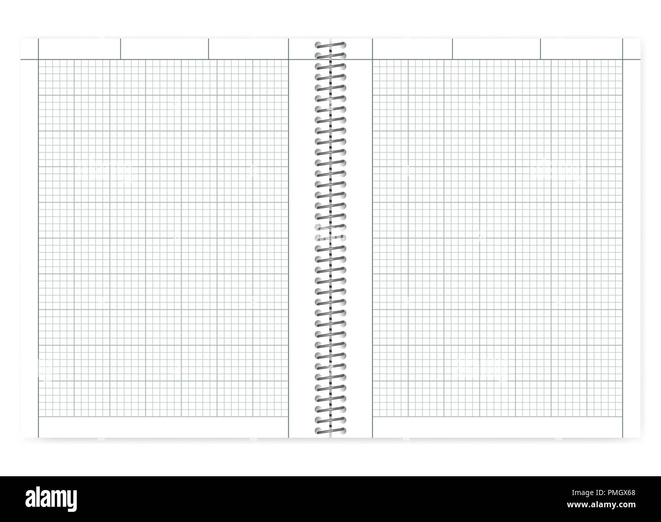 Open quad ruled cross section wire bound notebook with metal spiral, realistic vector mock up. Engineering computation notepad spread, template Stock Vector