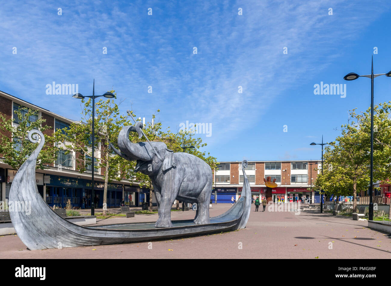 The Enthusiastic Elephant statue in Kirkby town centre. Edward Lear limerick Stock Photo