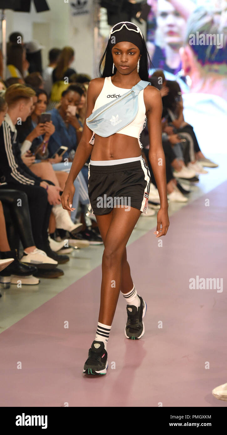 Photo Must Be Credited ©Alpha Press 079965 17/09/2018 Leomie Anderson at  the Hailey Baldwin presents Falcon, celebrating street style with Adidas  and JD Fashion Show during London Fashion Week Spring Summer 2019
