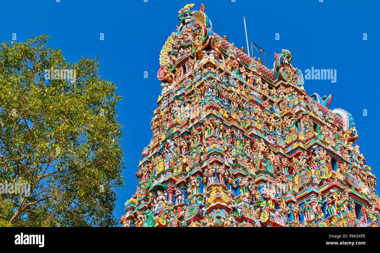 MEENAKSHI TEMPLE MADURAI TAMIL NADU INDIA MYRIAD PEOPLE AND GODS MANY COLOURED STATUES ON A TEMPLE TOWER Stock Photo