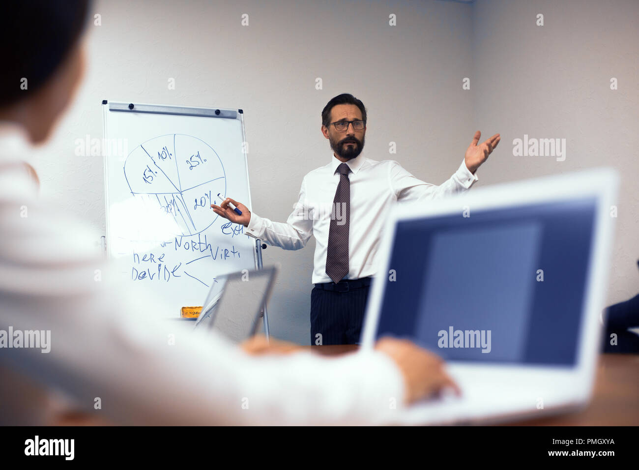 Man Using Making Powerpoint Business man making a presentation in office Stock Photo - Alamy