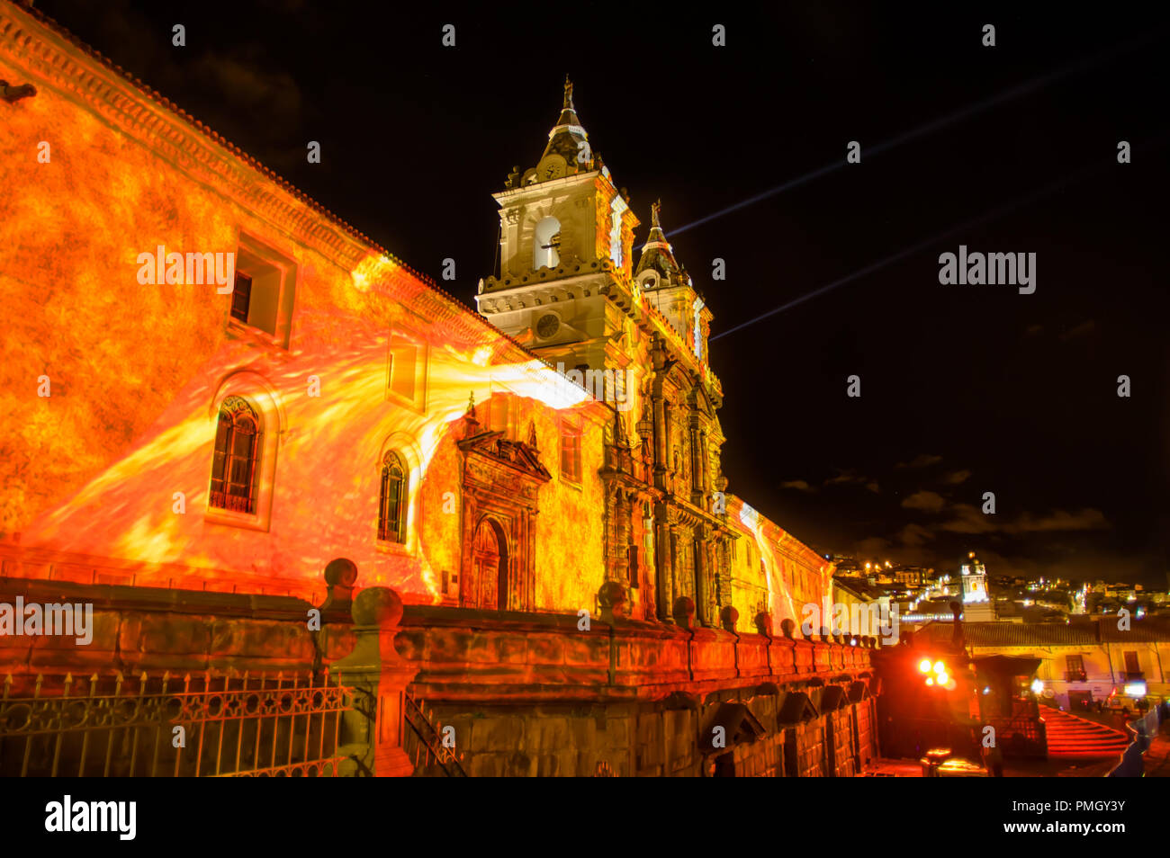 QUITO, ECUADOR AUGUST, 15, 2018 The San Francisco church illuminated