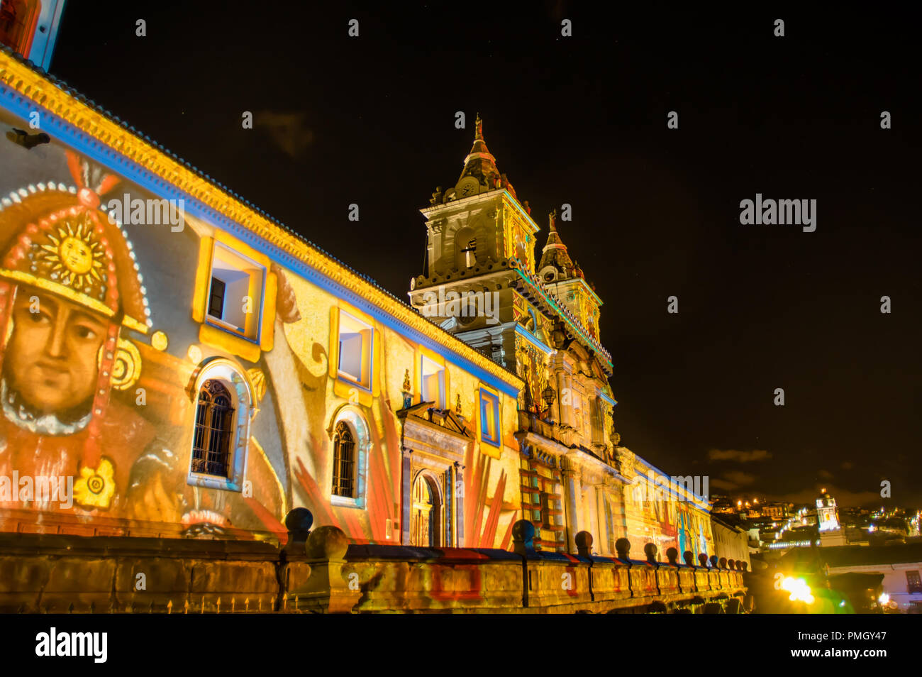 QUITO, ECUADOR AUGUST, 15, 2018 The San Francisco church illuminated