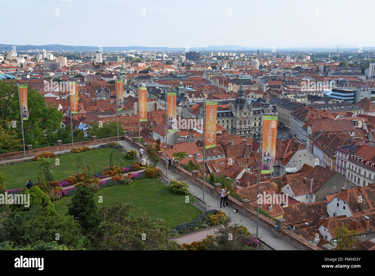 Graz, Austria - August 30, 2018: Schlossberg garden and view of the old ...