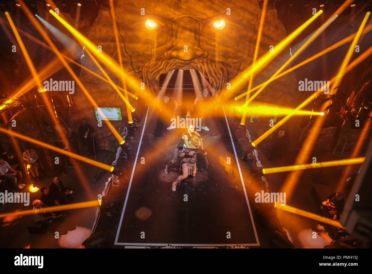 London UK 18 September 2018  PLASA  the lead international membership body for those who supply technologies and services to the event, entertainment and installation industries. featuring seminars plus interactive demos and training,and a live show with fire acts and dancing@Paul Quezada-Neiman/Alamy Live News Stock Photo