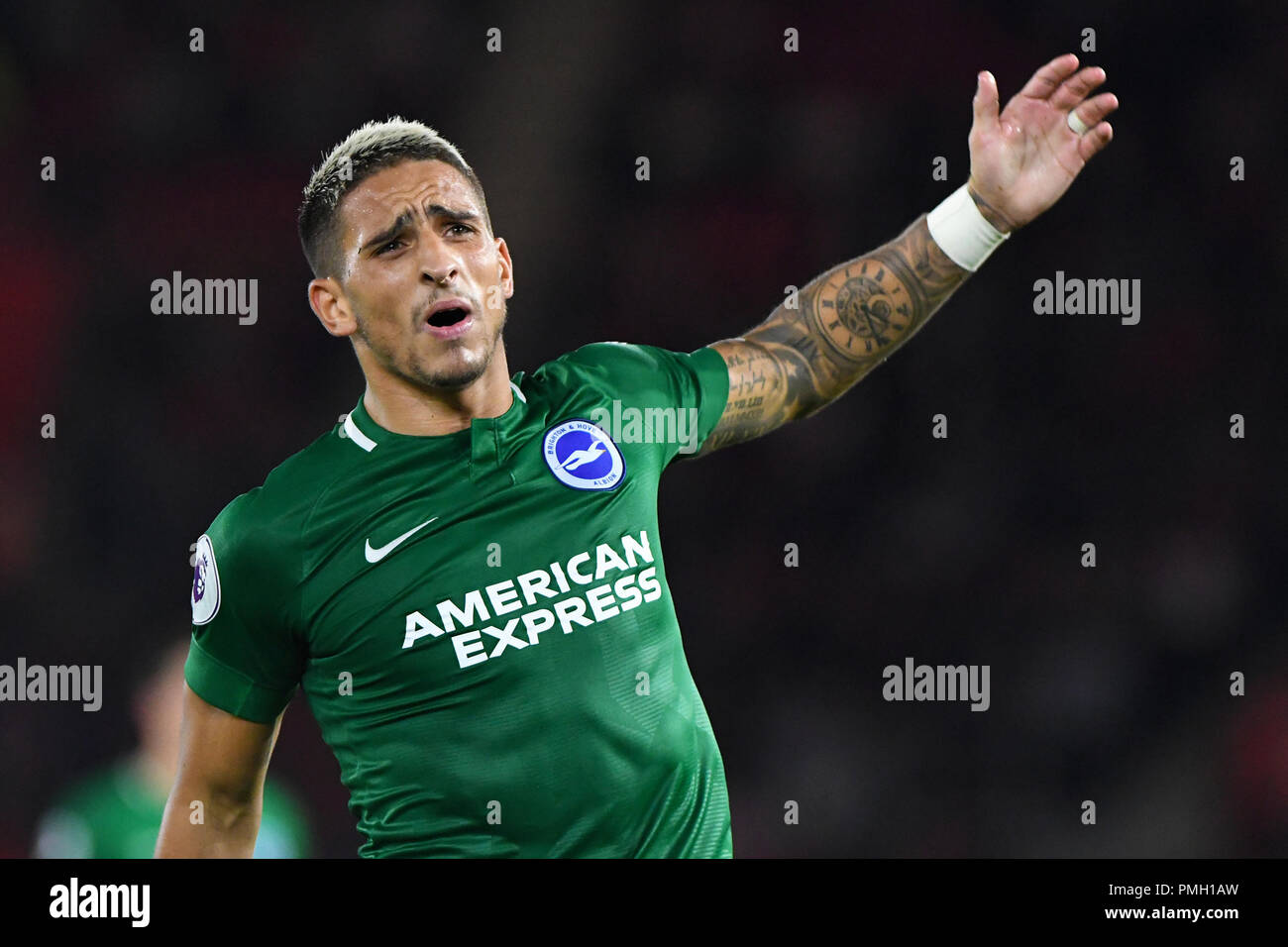Anthony Knockaert of Brighton & Hove Albion - Southampton v Brighton & Hove Albion, Premier League, St Mary's Stadium, Southampton - 17th September 2018  STRICTLY EDITORIAL USE ONLY - DataCo rules apply - The use of this image in a commercial context is strictly prohibited unless express permission has been given by the club(s) concerned. Examples of commercial usage include, but are not limited to, use in betting and gaming, marketing and advertising products. No use with unauthorised audio, video, data, fixture lists, club and or league logos or services including those listed as 'live' Stock Photo