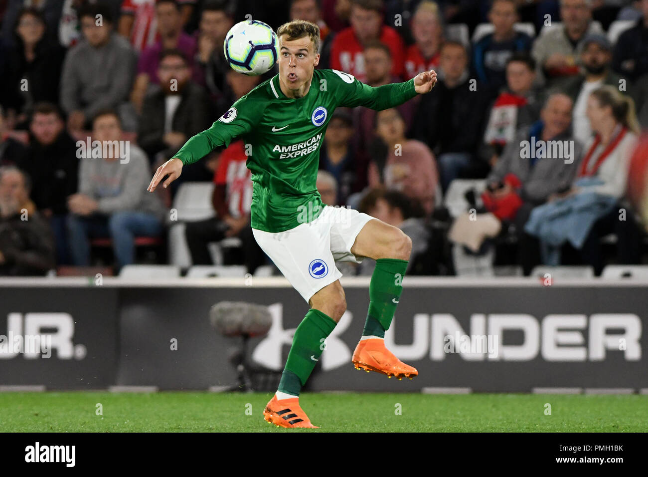 Solly March of Brighton & Hove Albion - Southampton v Brighton & Hove Albion, Premier League, St Mary's Stadium, Southampton - 17th September 2018  STRICTLY EDITORIAL USE ONLY - DataCo rules apply - The use of this image in a commercial context is strictly prohibited unless express permission has been given by the club(s) concerned. Examples of commercial usage include, but are not limited to, use in betting and gaming, marketing and advertising products. No use with unauthorised audio, video, data, fixture lists, club and or league logos or services including those listed as 'live' Stock Photo