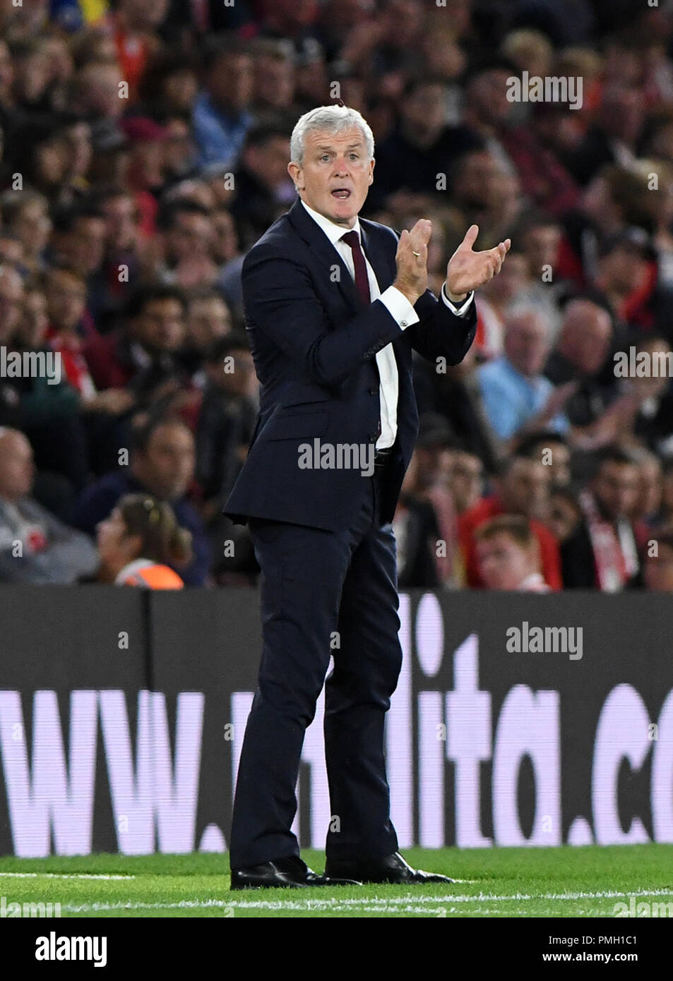 Mark Hughes, Southampton Manager - Southampton v Brighton & Hove Albion, Premier League, St Mary's Stadium, Southampton - 17th September 2018  STRICTLY EDITORIAL USE ONLY - DataCo rules apply - The use of this image in a commercial context is strictly prohibited unless express permission has been given by the club(s) concerned. Examples of commercial usage include, but are not limited to, use in betting and gaming, marketing and advertising products. No use with unauthorised audio, video, data, fixture lists, club and or league logos or services including those listed as 'live' Stock Photo