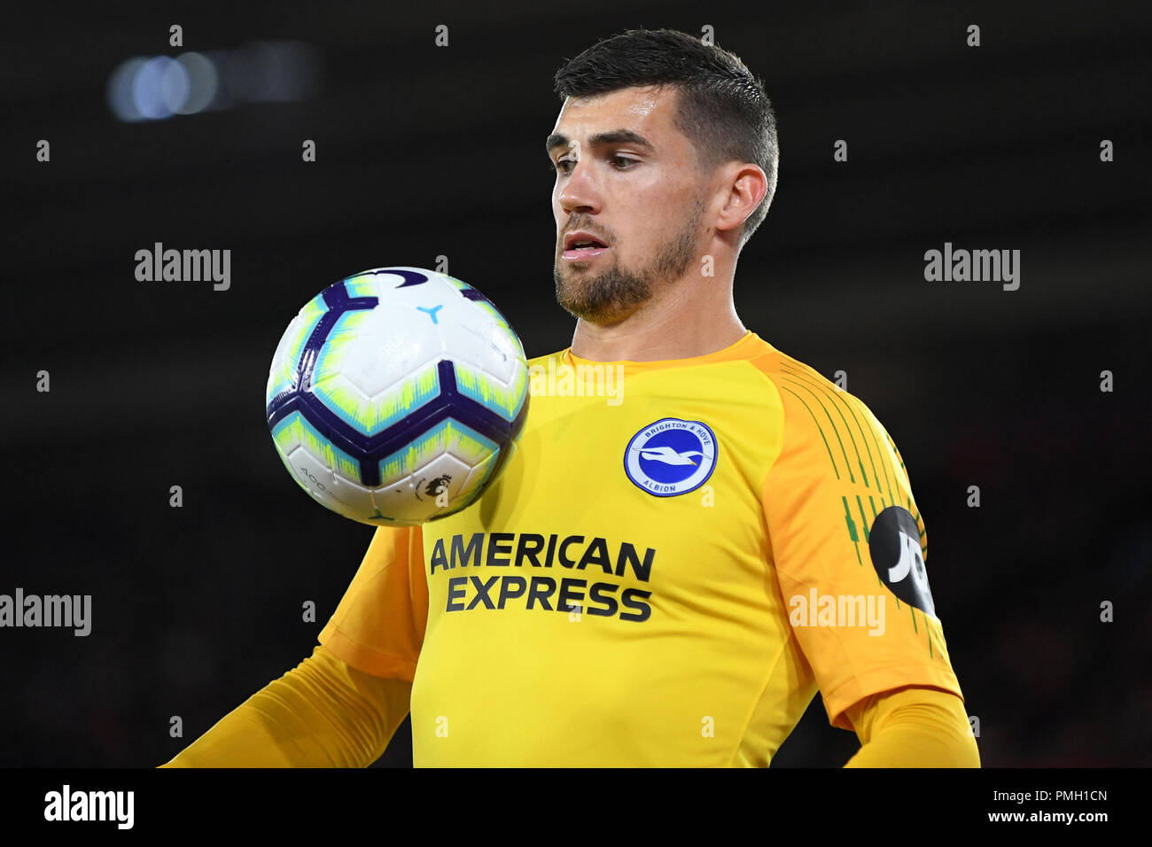 Matthew Ryan of Brighton & Hove Albion - Southampton v Brighton & Hove Albion, Premier League, St Mary's Stadium, Southampton - 17th September 2018  STRICTLY EDITORIAL USE ONLY - DataCo rules apply - The use of this image in a commercial context is strictly prohibited unless express permission has been given by the club(s) concerned. Examples of commercial usage include, but are not limited to, use in betting and gaming, marketing and advertising products. No use with unauthorised audio, video, data, fixture lists, club and or league logos or services including those listed as 'live' Stock Photo